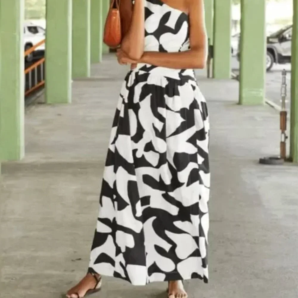 NEW Abercrombie and Fitch One Shoulder Cutout Maxi Dress In Black Abstract Patte